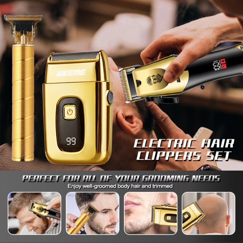 Electric hair clippers set with gold and black design, being used on a person's head.