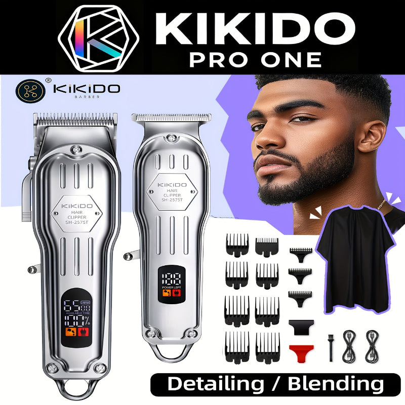 KIKIDO 2-in-1 professional hair clipper set with LCD display and zero gap T-blade technology