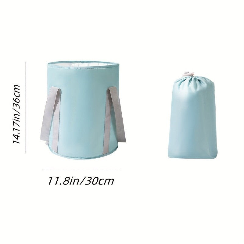 Two light blue laundry bags with gray straps on a white background, showing dimensions.