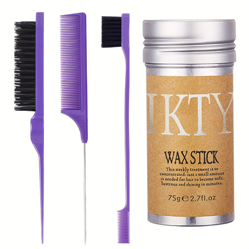 IKTY wax stick with purple comb and brush on a white background