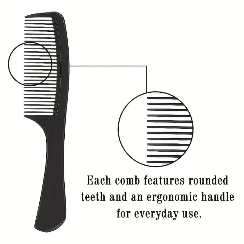 Black comb with rounded teeth and ergonomic handle on a white background