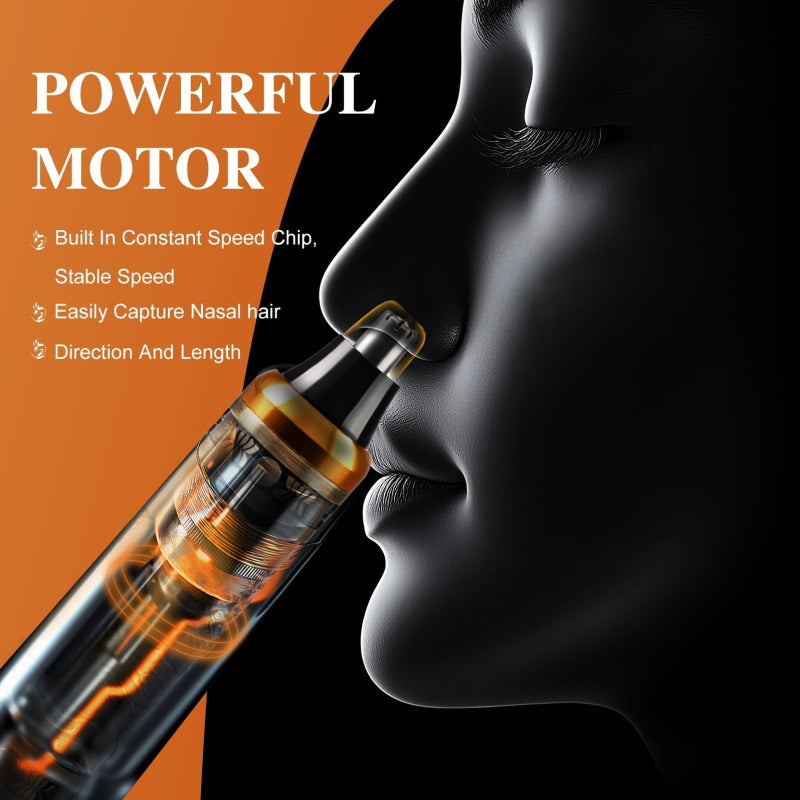 Close-up of a person using a hair removal device with text about its features on an orange background.