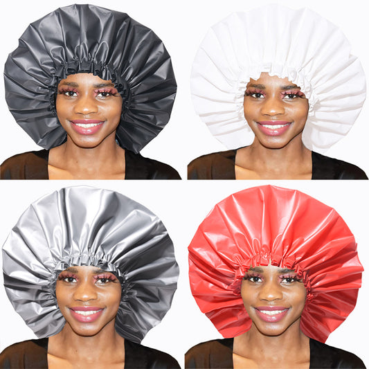 Extra large waterproof shower cap in black red silver and white - oversized design for natural hair protection by Nappy Hutt Naturals