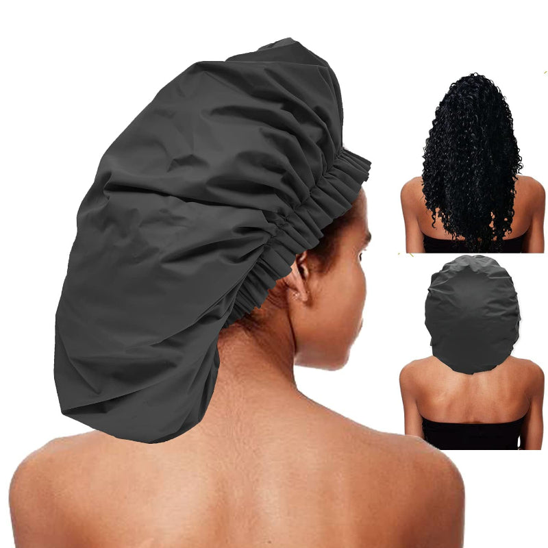 Blackextra large EVA shower cap demonstrating roomy fit perfect for natural hair textures