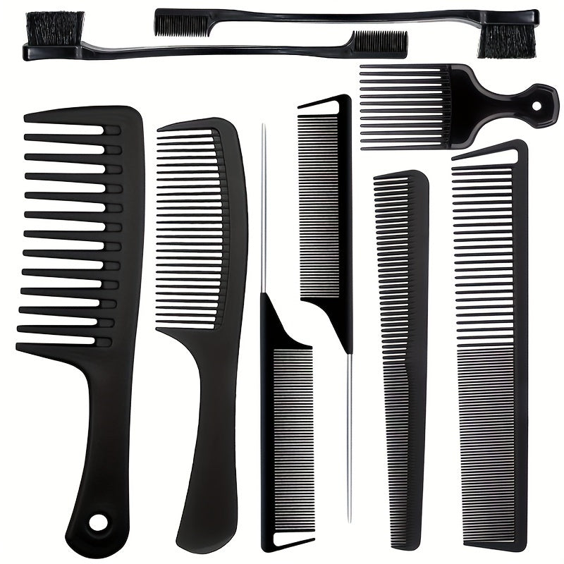 Set of black hair combs and brushes on a white background