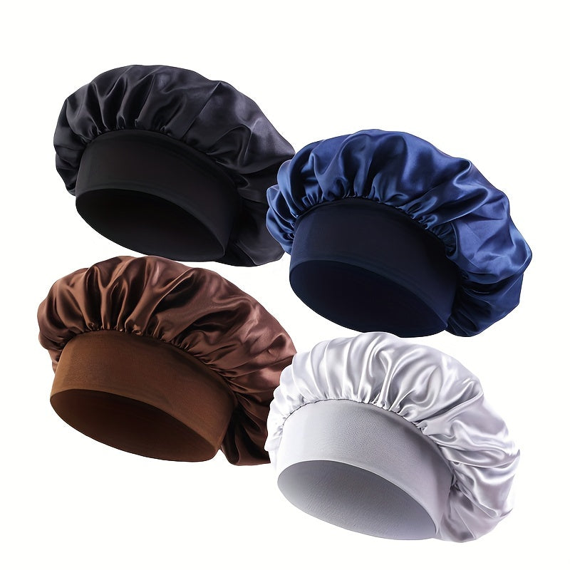 Four satin bonnets in black, blue, brown, and white