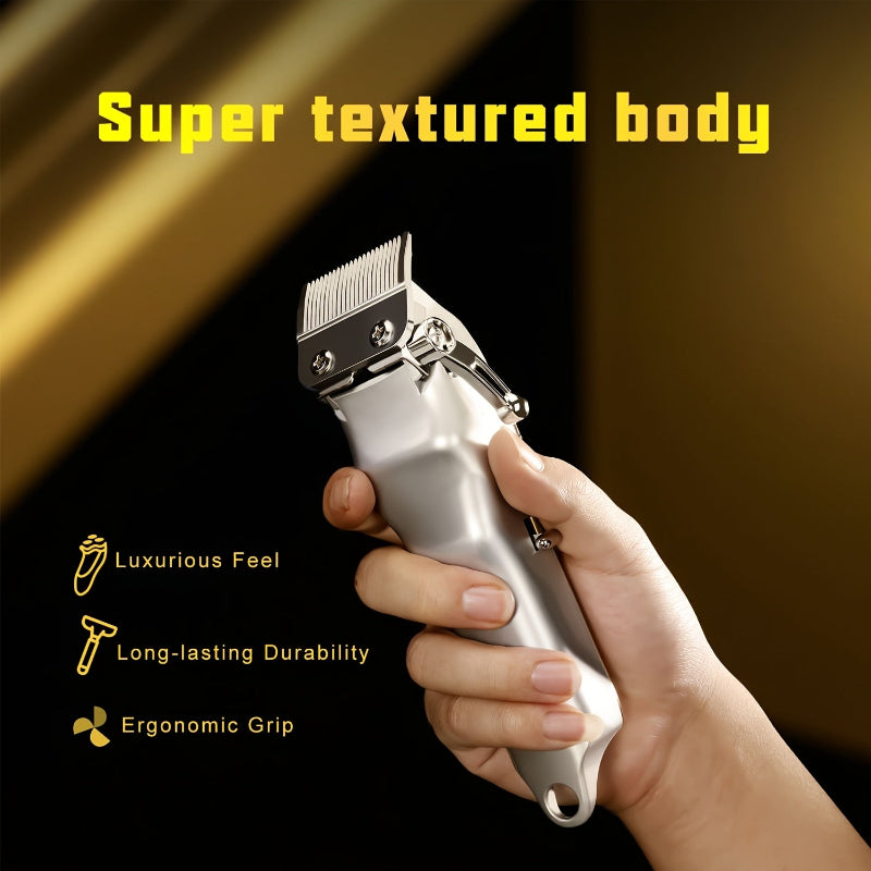 Hair clipper held in a hand with text highlighting features on a dark background