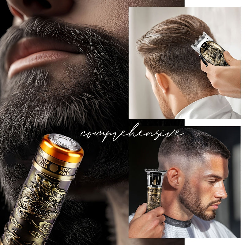 Collage of a beard trimmer being used on a person's face with close-up shots and text 'comprehensive'.