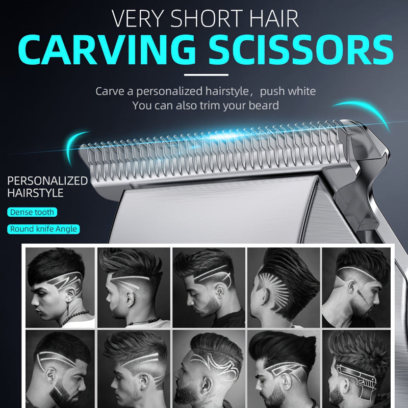 KIKIDO carving scissors for very short hair with images of hairstyles achieved.