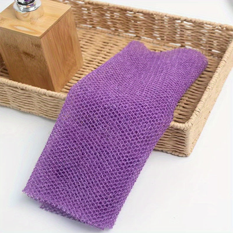 Purple African net exfoliating sponge product packaging and size comparison