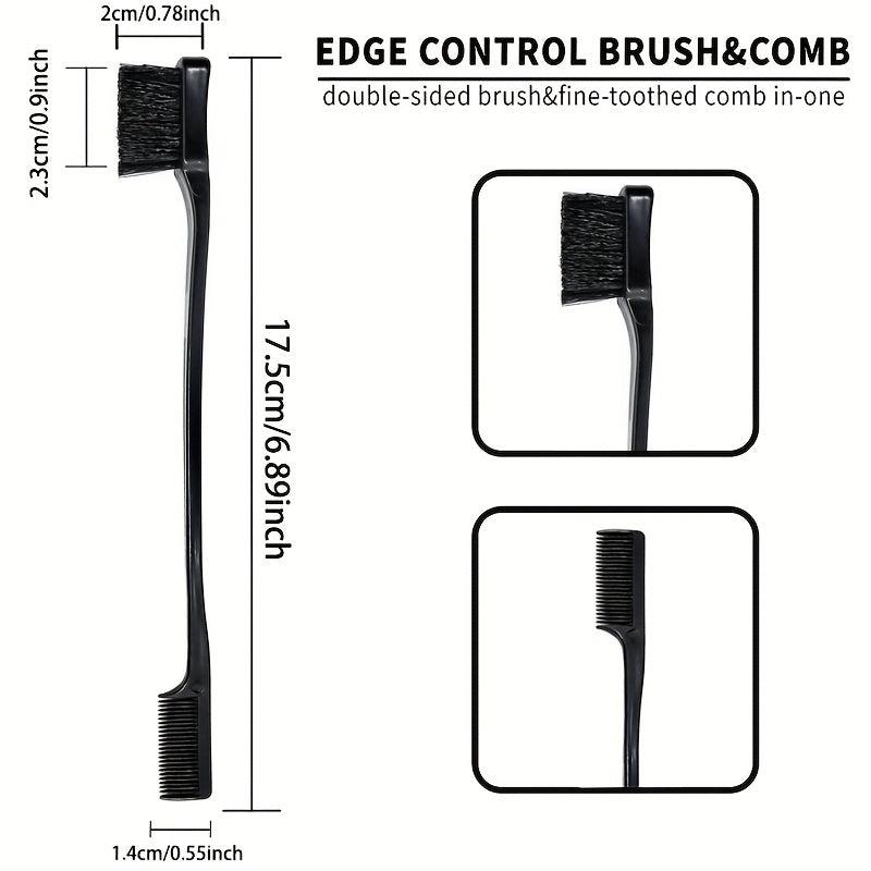 Edge control brush and comb with dimensions on a white background