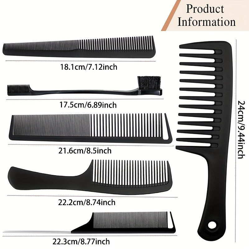 Set of black combs with measurements on a white background