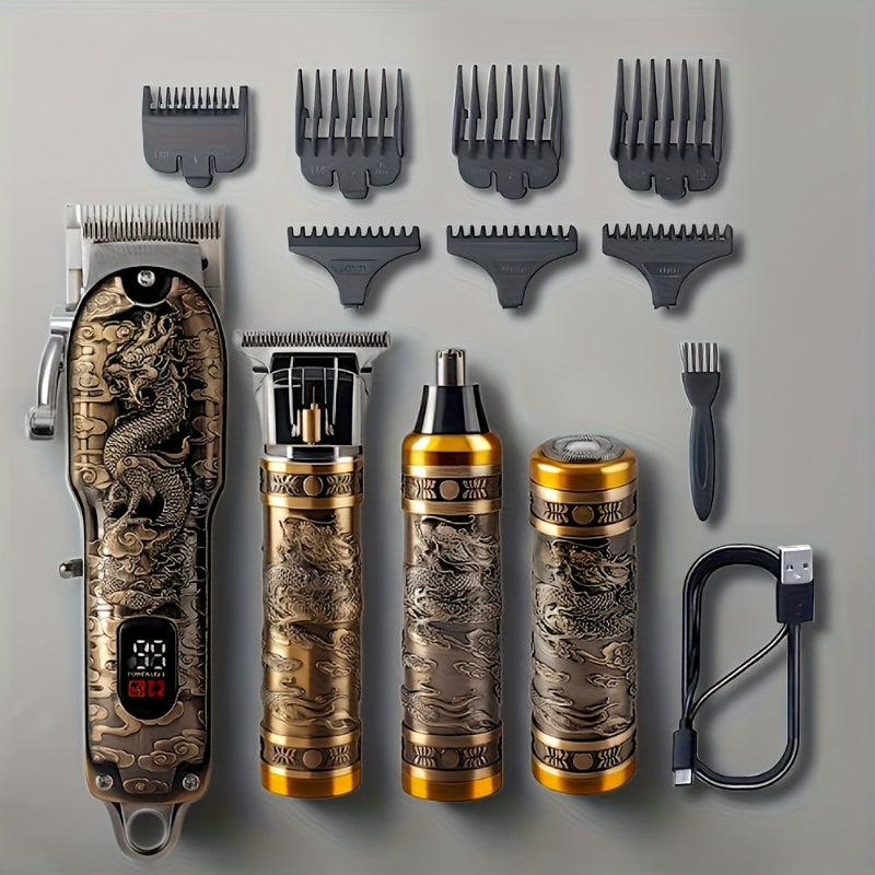 Professional hair clipper kit with golden dragon design featuring LED display and multiple grooming attachments