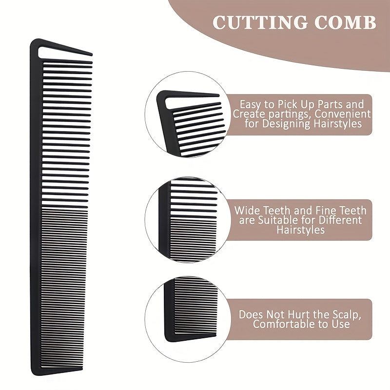 Black comb with text describing its features on a white background