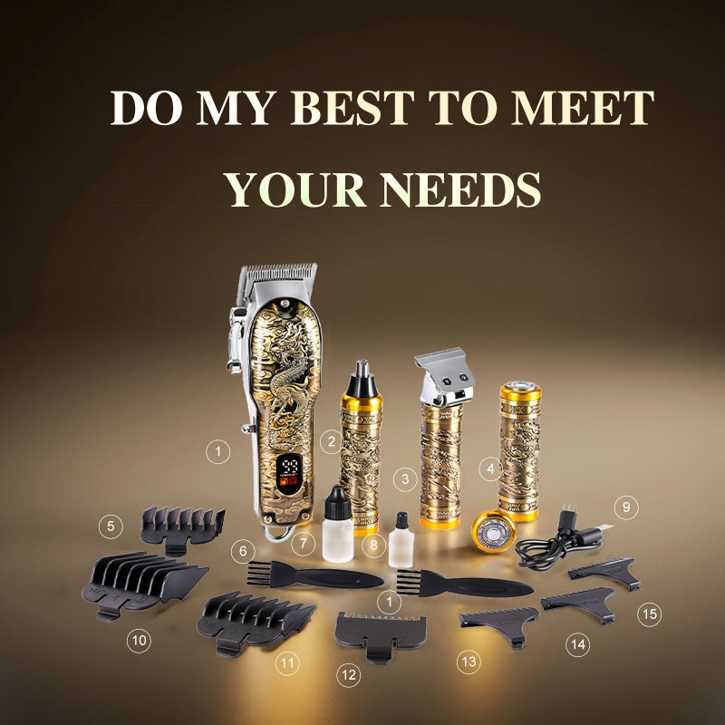 Close-up view of professional hair clippers with golden dragon design and LED digital display
