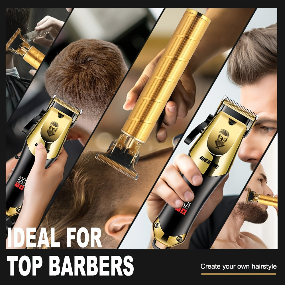 Gold and black hair trimmer with close-up shots of use on a black background