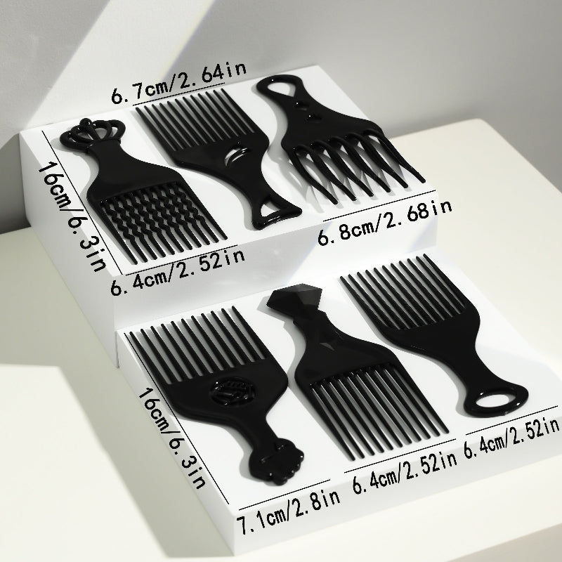 Set of black hair combs with measurements on a white background