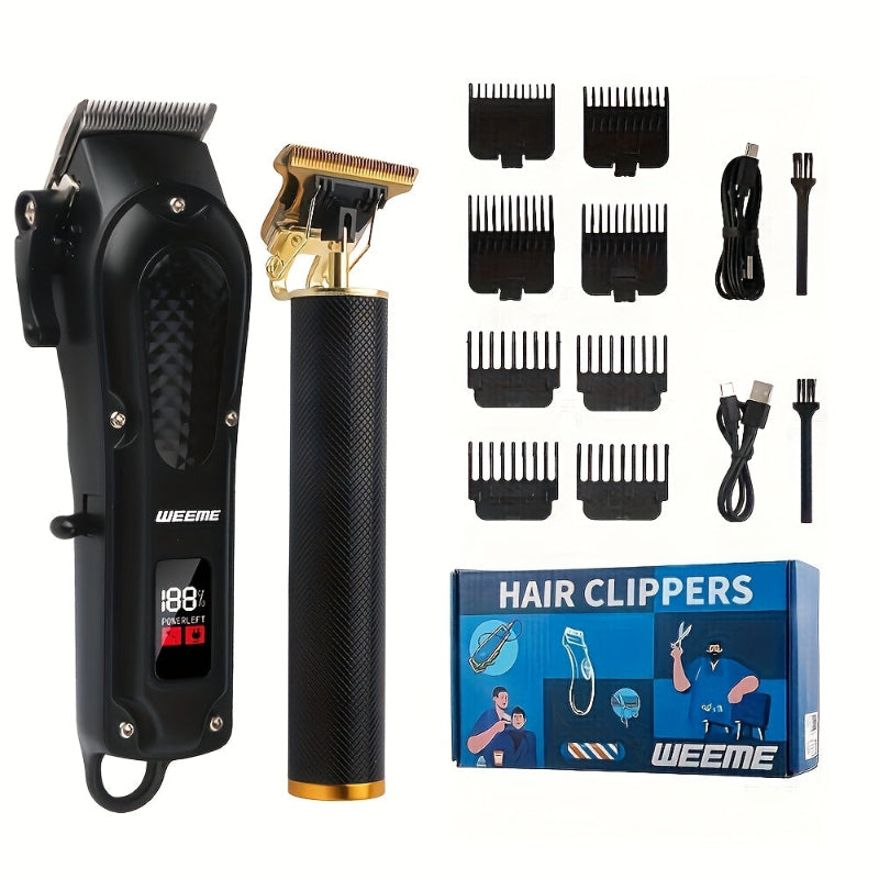 Hair clippers set with attachments and packaging on a white background