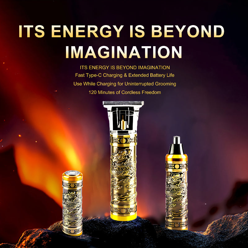 Gold and silver grooming device with flames in the background and text about energy and charging.
