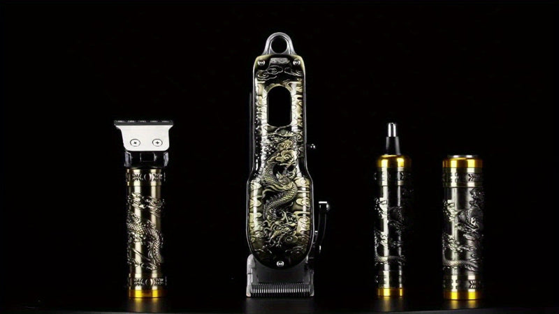Hair clipper set with dragon design on a black background