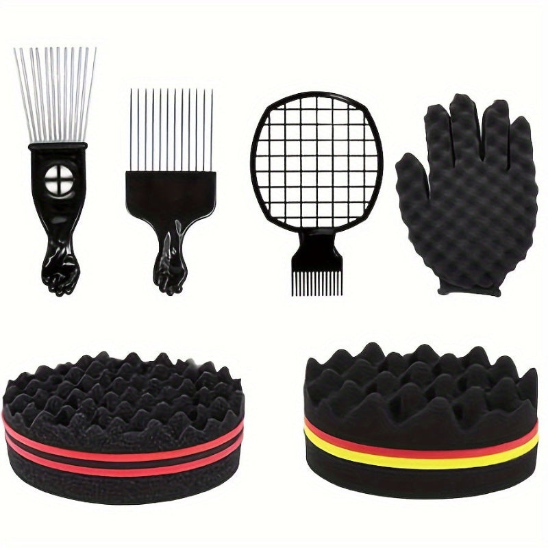 Complete hair styling kit showing magic curl sponge, twist combs, and finishing tools for textured hair