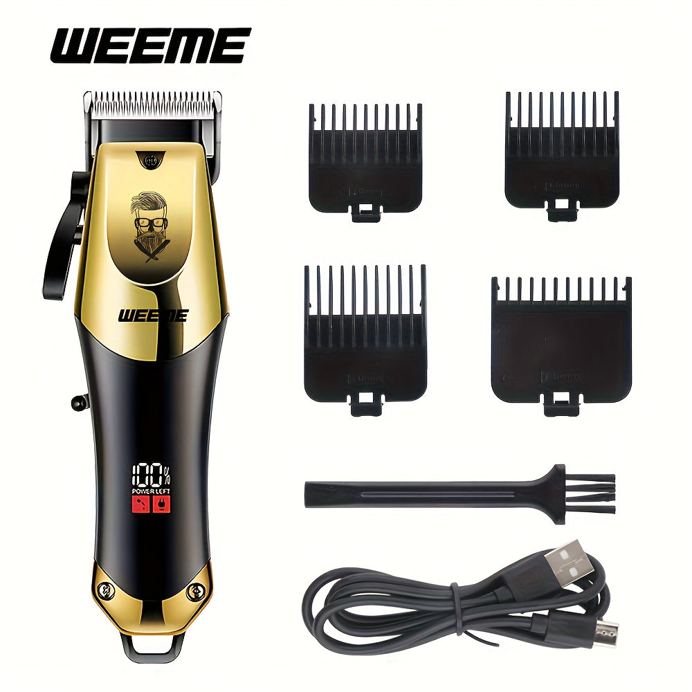 Gold and black hair trimmer set with attachments and USB cable on a white background, featuring the brand 'WEEME'.