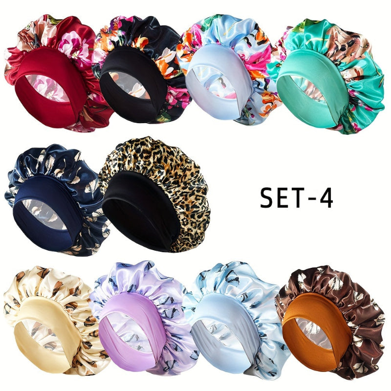 Elegant flower print satin bonnet with elastic band for secure fit