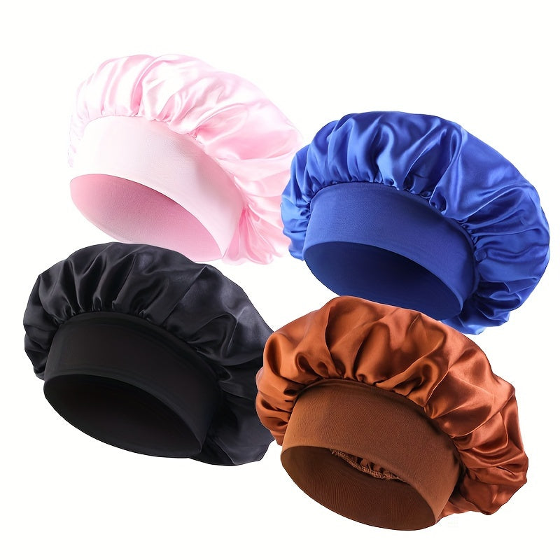 Four satin bonnets in pink, blue, black, and brown
