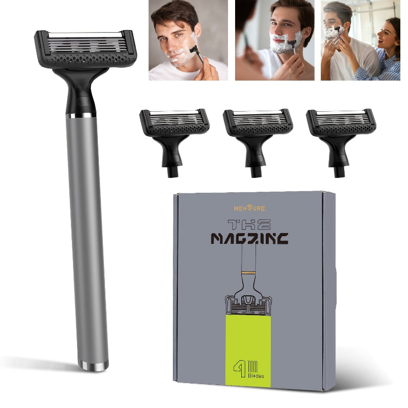 Men's grooming set with a silver and black razor, four razor heads, and packaging on a white background.