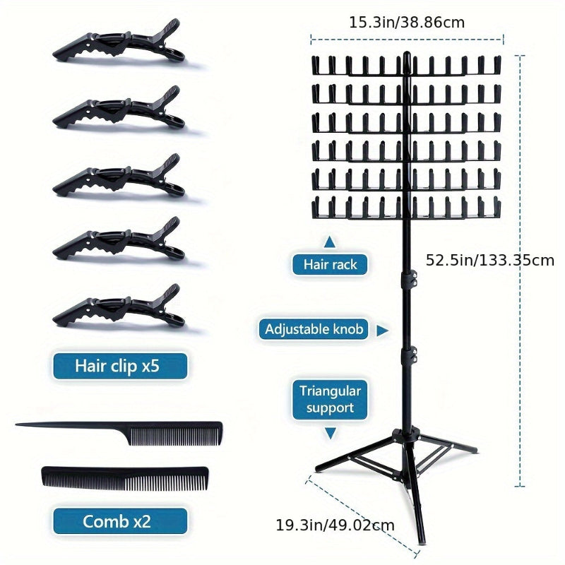 Hair styling tool set with hair rack, clips, and comb, featuring measurements on a white background.