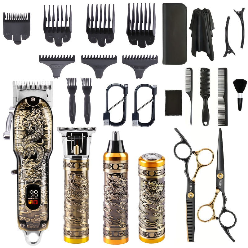 Complete grooming set showing hair clippers, beard trimmer, nose trimmer and 7 different comb attachments