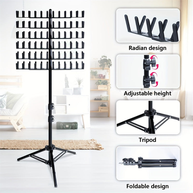 Black music stand with adjustable height, radial design, and foldable feature on a white background.