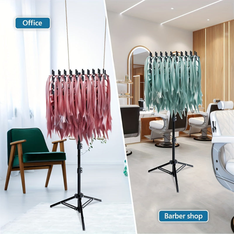 Two stands with colorful ribbons in an office and barber shop setting.