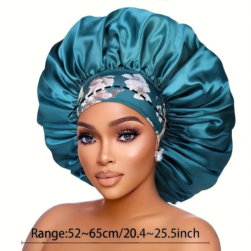 Satin sleep cap being worn showing comfortable fit for overnight natural hair protection