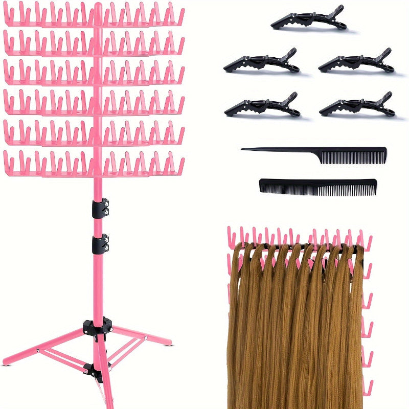 Pink hair extension stand with clips, a comb, and brown hair extensions on a white background.