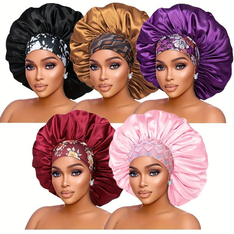 Five women wearing satin bonnets in black, gold, purple, red, and pink
