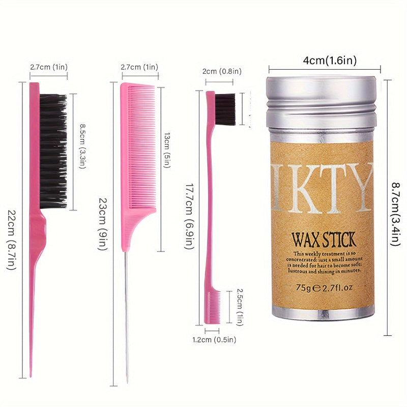 Measurement chart of hair care products including a pink comb, brush, and IKTY wax stick with dimensions.