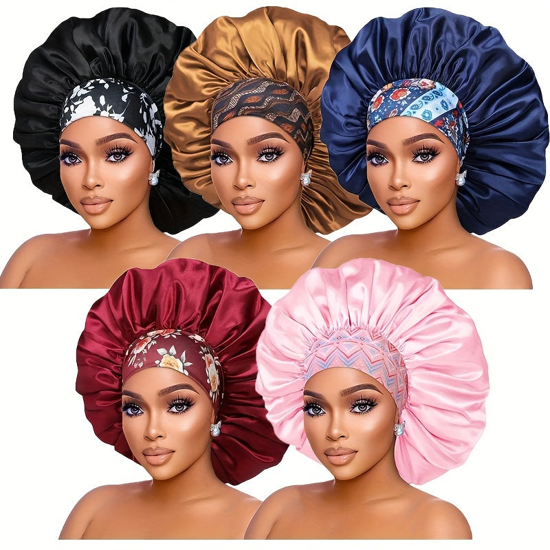 Five women wearing satin bonnets in various colors