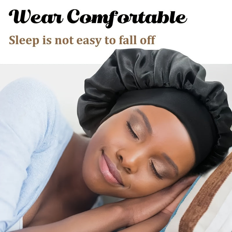 Satin bonnet being worn showing secure fit and comfortable design