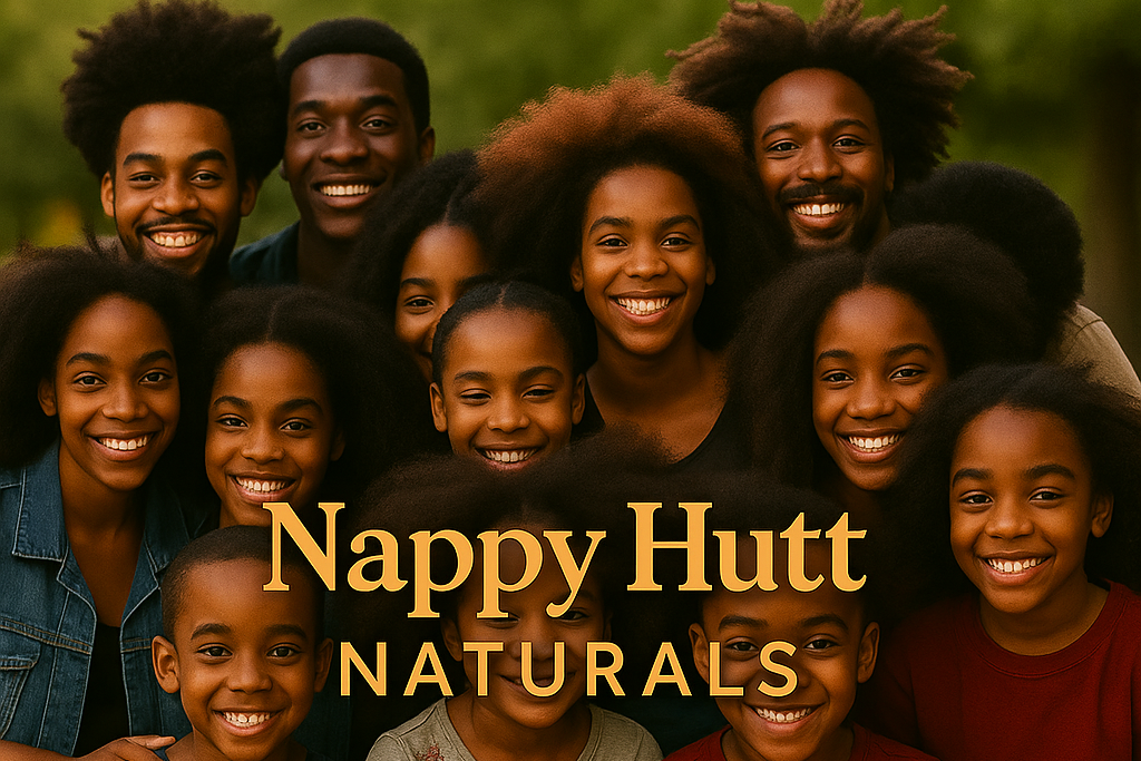 Group of people with 'Nappy Hutt Naturals' text overlay