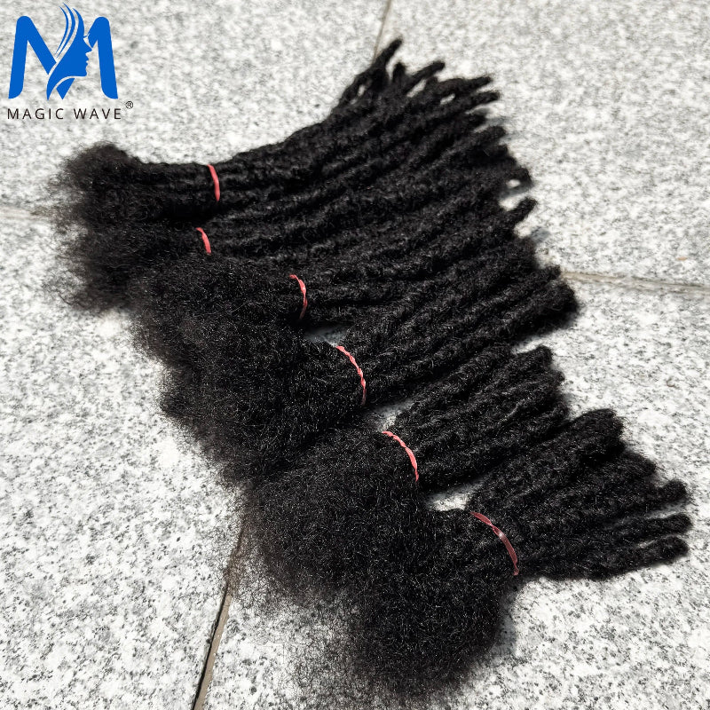 Black hair extensions with red bands on a gray surface, branded 'Magic Wave'.