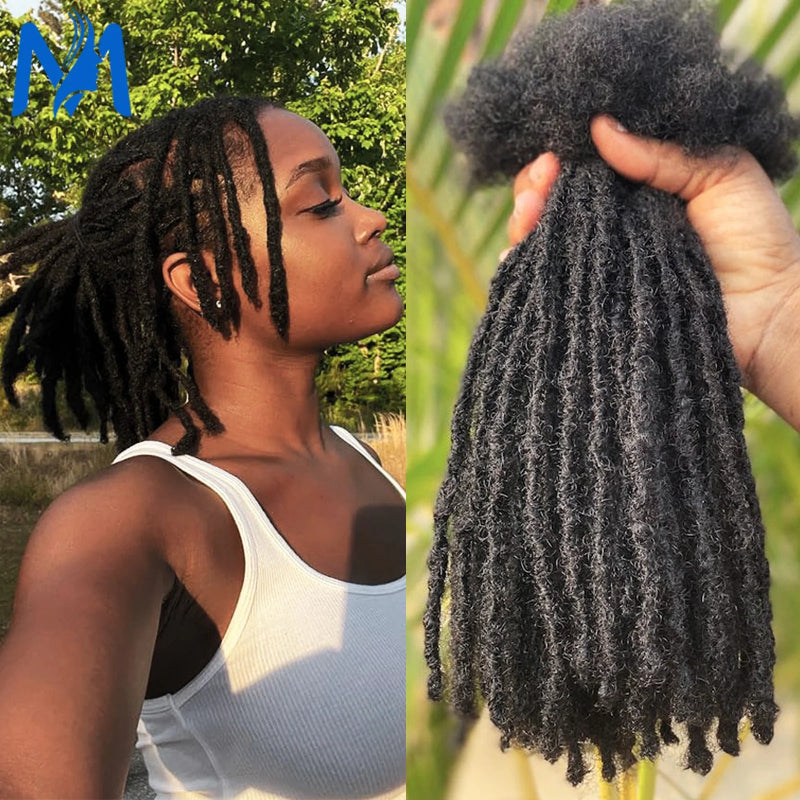 Person with styled hair and close-up of hair extensions outdoors.