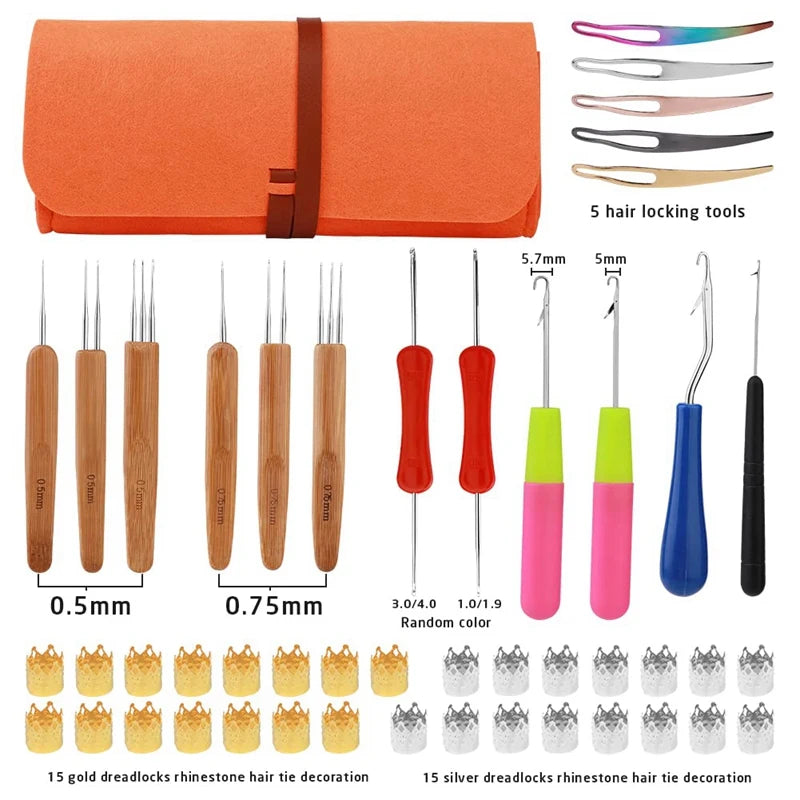 Complete dreadlock tool kit with accessories and storage bag
