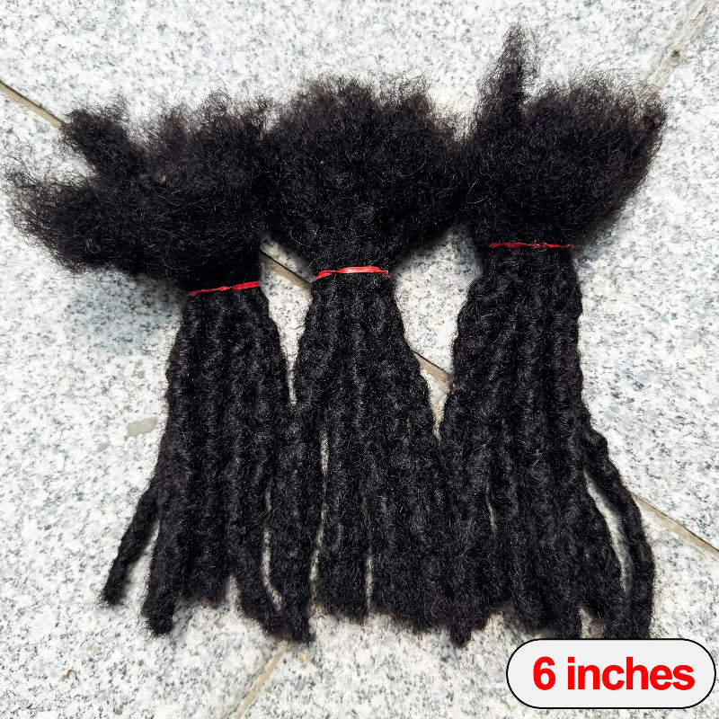 Three bundles of black synthetic hair extensions on a gray surface with '6 inches' text.