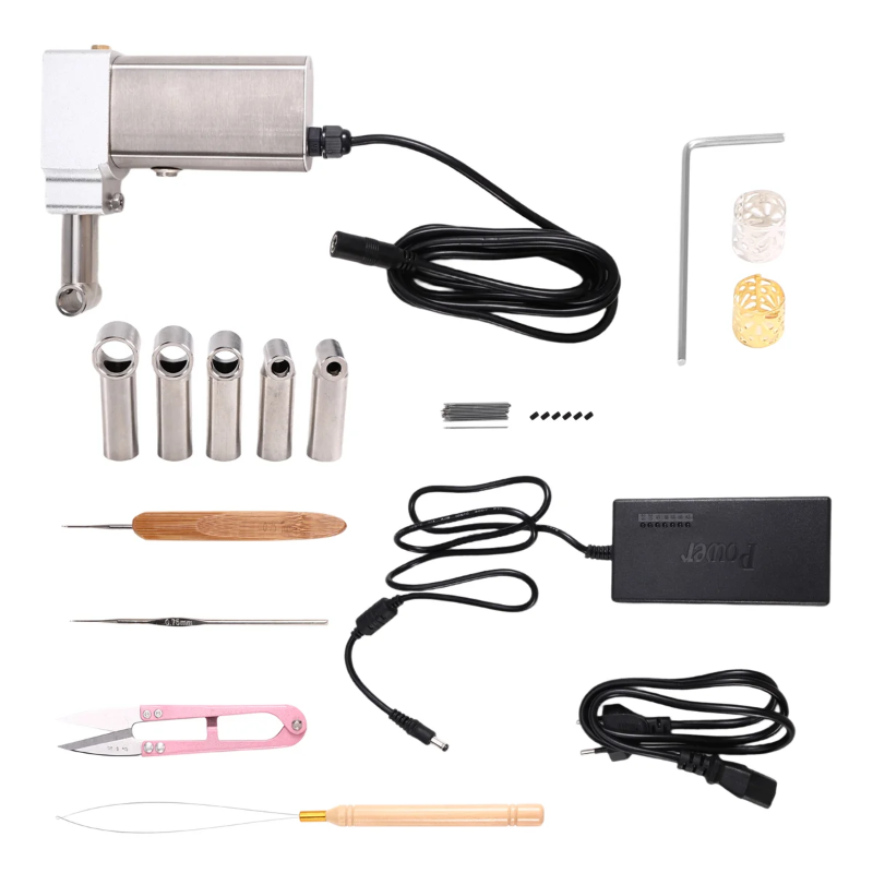 Collection of dreadlock-making tools and equipment on a white background