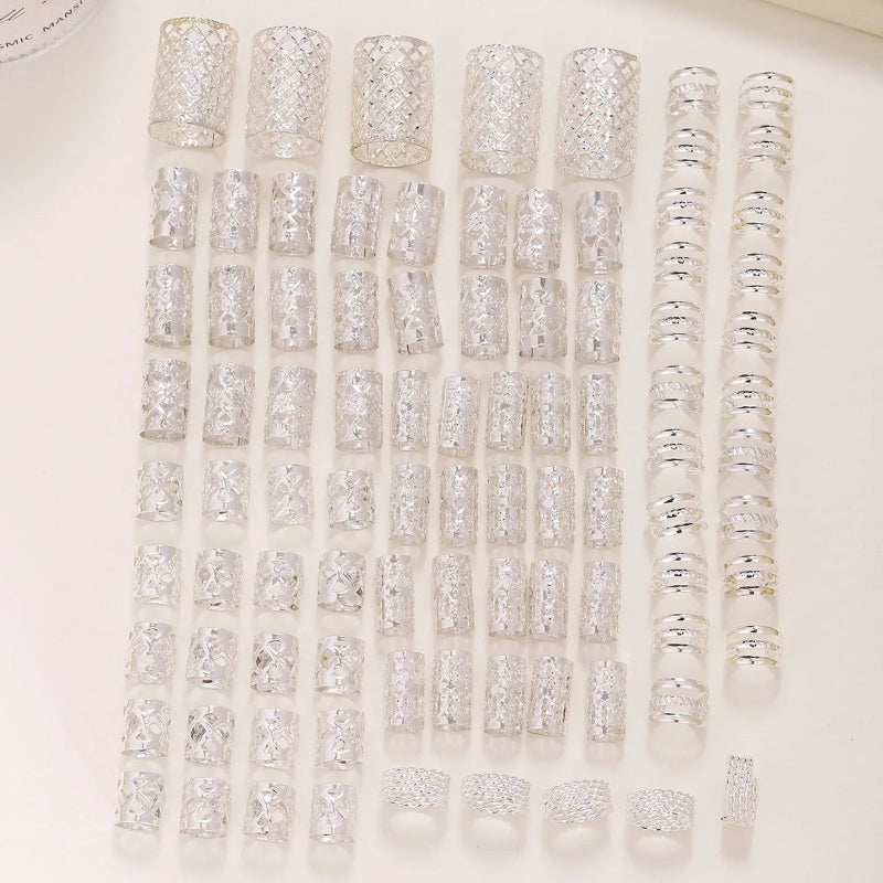 Silver metal hair accessories and rings for dreadlocks and braids styling