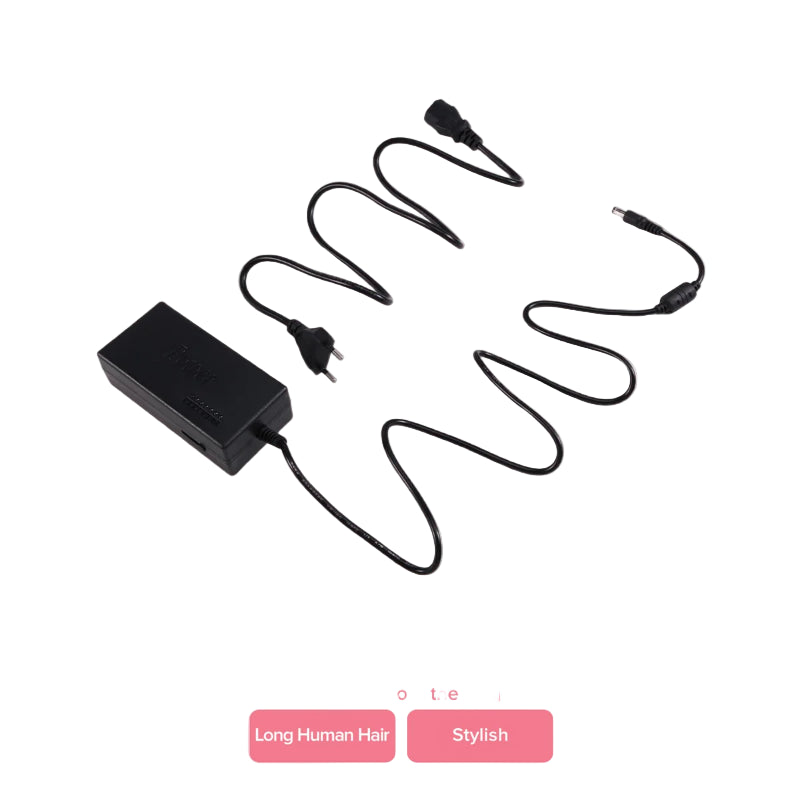 Black hair extension machine with coiled cable on a white background
