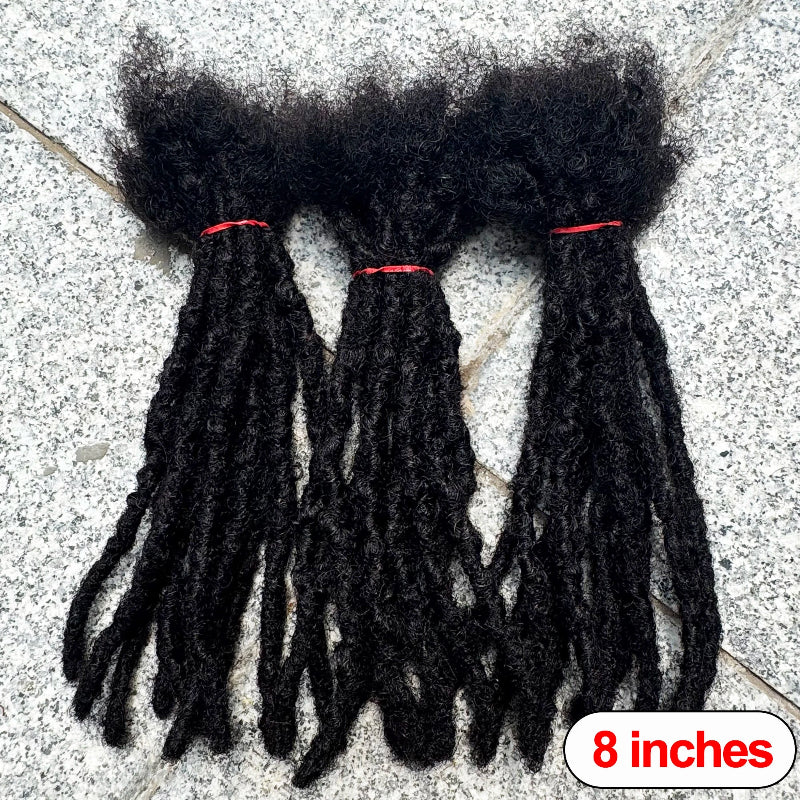 Three bundles of black synthetic hair extensions on a textured surface with '8 inches' text.