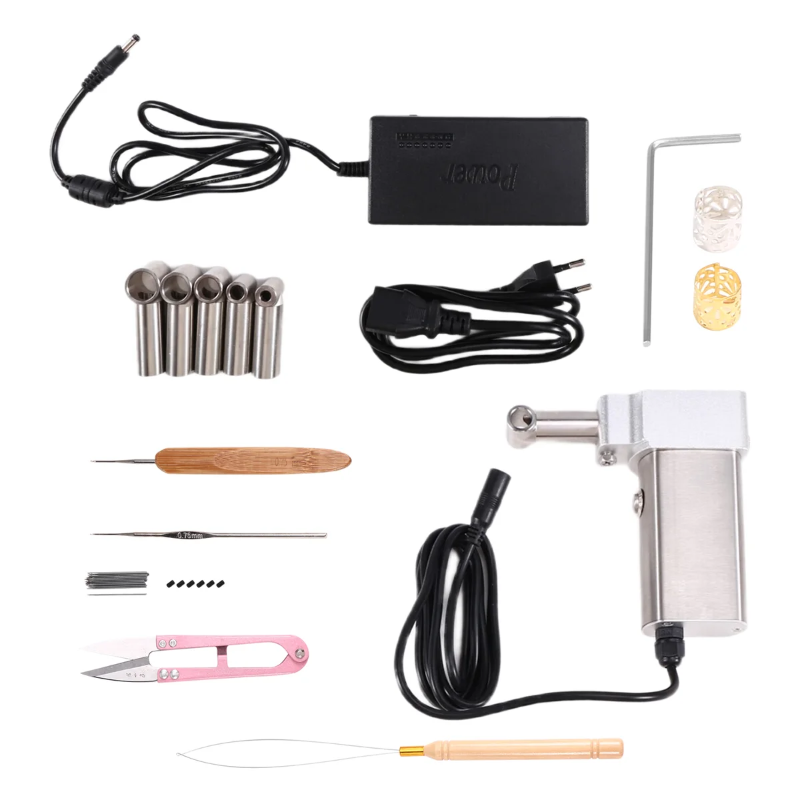 Collection of dreadlock-making tools and equipment on a white background