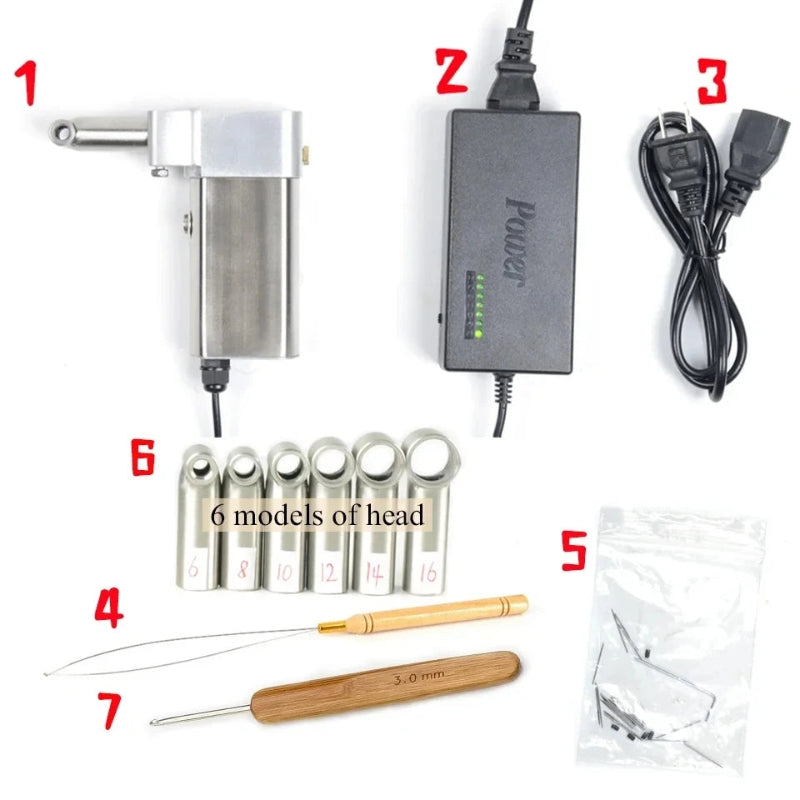 Collections of parts that make up electric dreadlock machine tool such has 6 model heads, power cord, extra needles, crochet hook and handheld unit.